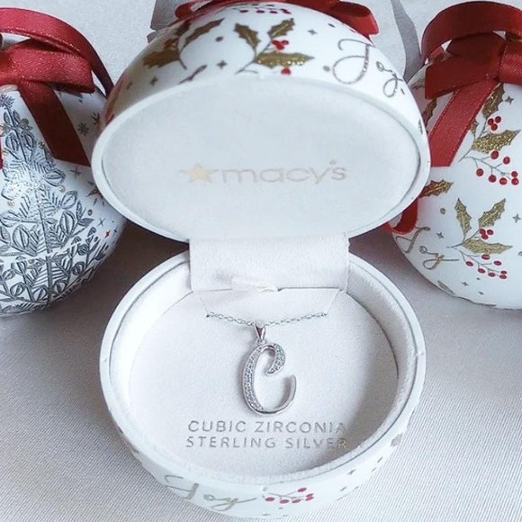 Nwt Macy's Sterling Silver Cz Initiial "C" 18" Necklace Ornament Gift Box